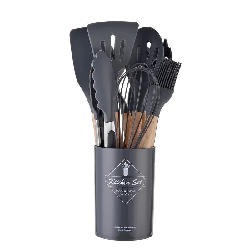 KIT de Cozinha Conjunto com 12 peças Jogo de Utensilios Culinários Cabo de Madeira Antiaderente